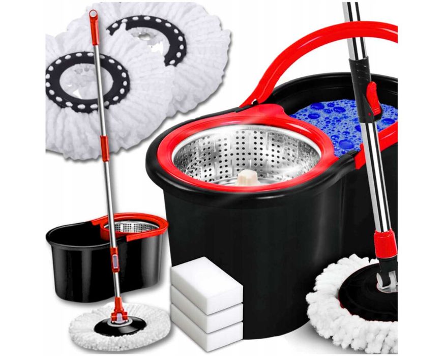 Mop Obrotowy Rotacyjny z Wiadrem Dwukomorowym Wkłady + Gratis Gąbki