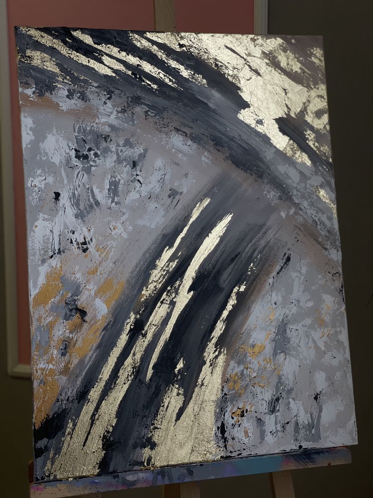 Картина Мазками сіра із золотом 80х100. Сучасна кантина