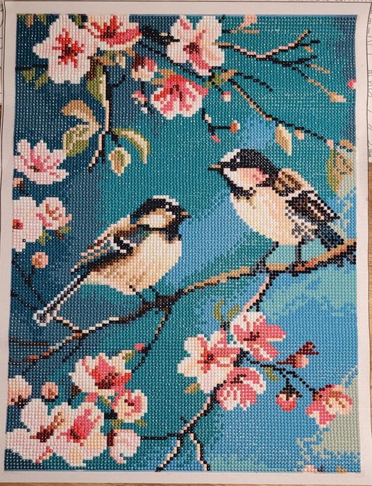 Obraz diamentowy handmade 30x40 sikory sakura kwitnąca wiśnia