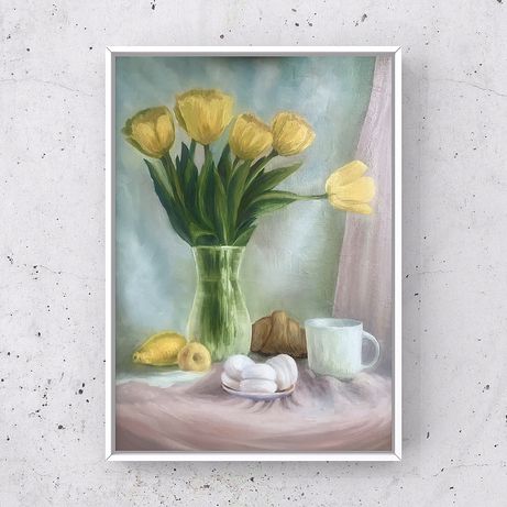 Картина маслом "Натюрморт с тюльпанами", (жёлтые тюльпаны) 70*50 см