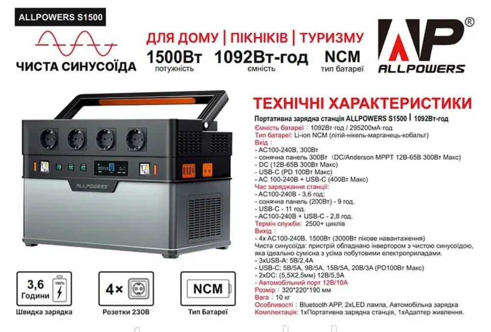 Зарядна станція 1500W ALLPOWERS S1500 (AP-SS-008 (S1500))