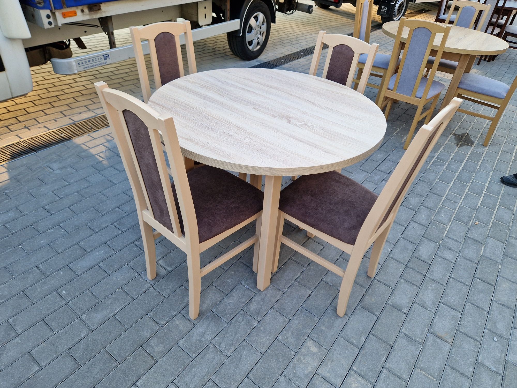 Nowe: Stół okrągły rozkładany + 4 krzesła, sonoma + brąz,  dostawa PL