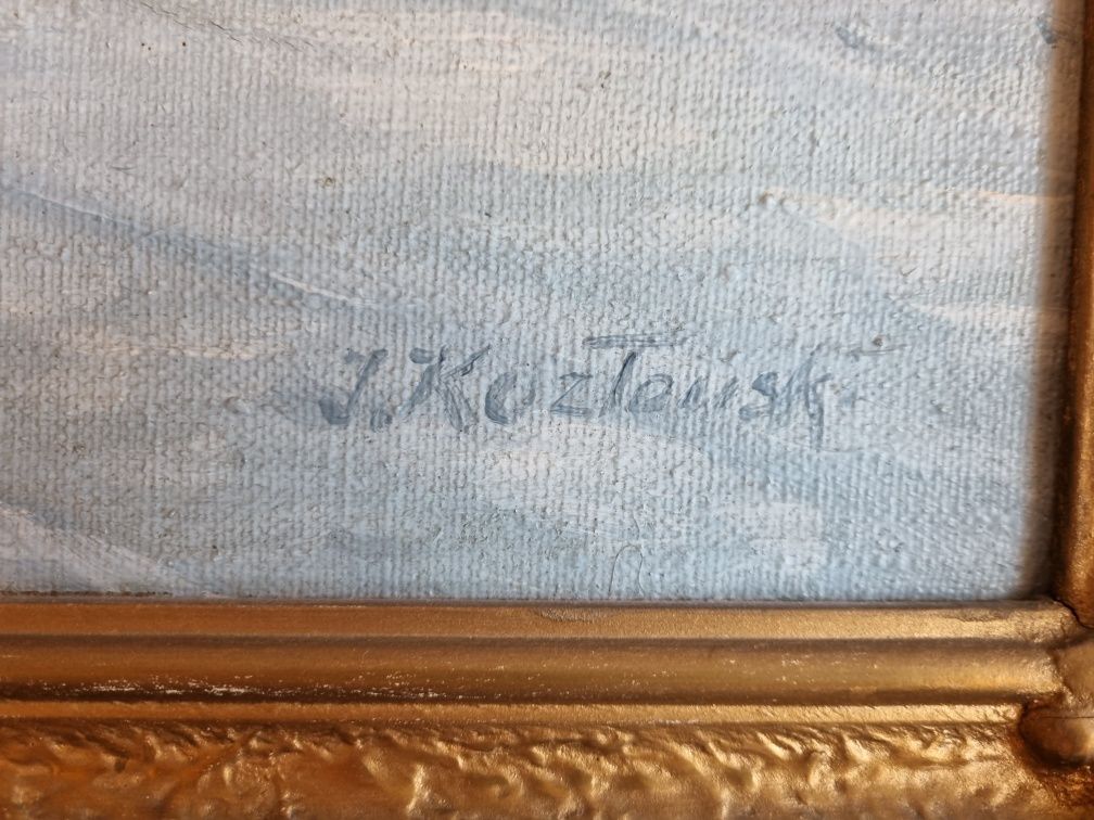 Obraz olej  na płótnie  "Konie w zaprzęgach przed karczmą" J. Kozłowsk