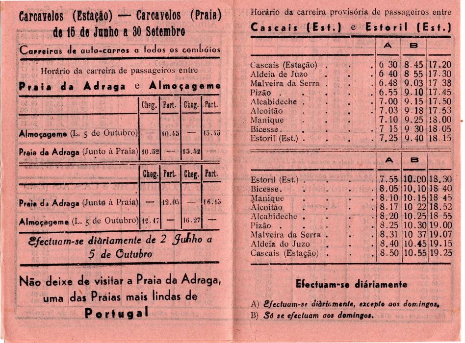 Antigos Horários dos Taxis Palhinha 1956