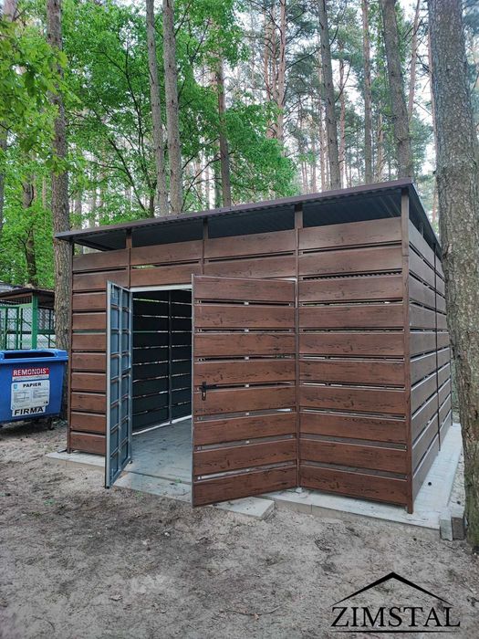 Wiata śmietnikowa schowek  4x4 kolor orzech panele ażurowe