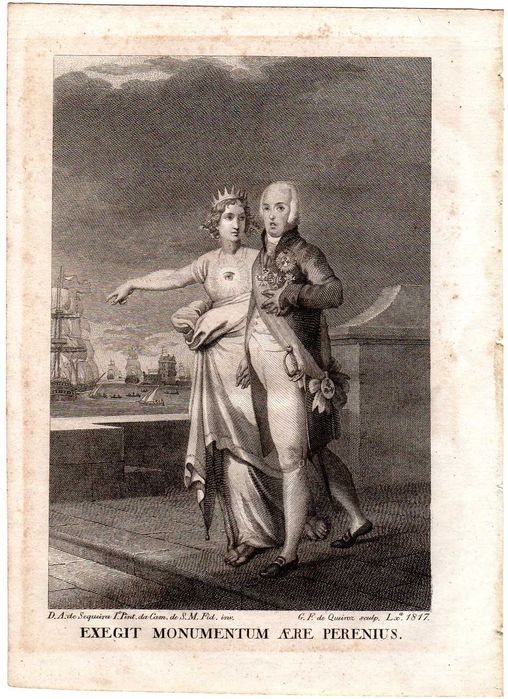 RARA Gravura Alegórica sobre a Partida de D. João VI para o Brasil !!!