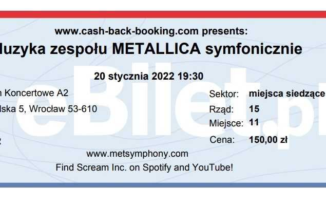 Bilet, Metallica symfonicznie, Scream Wrocław 20 stycznia,100 zł