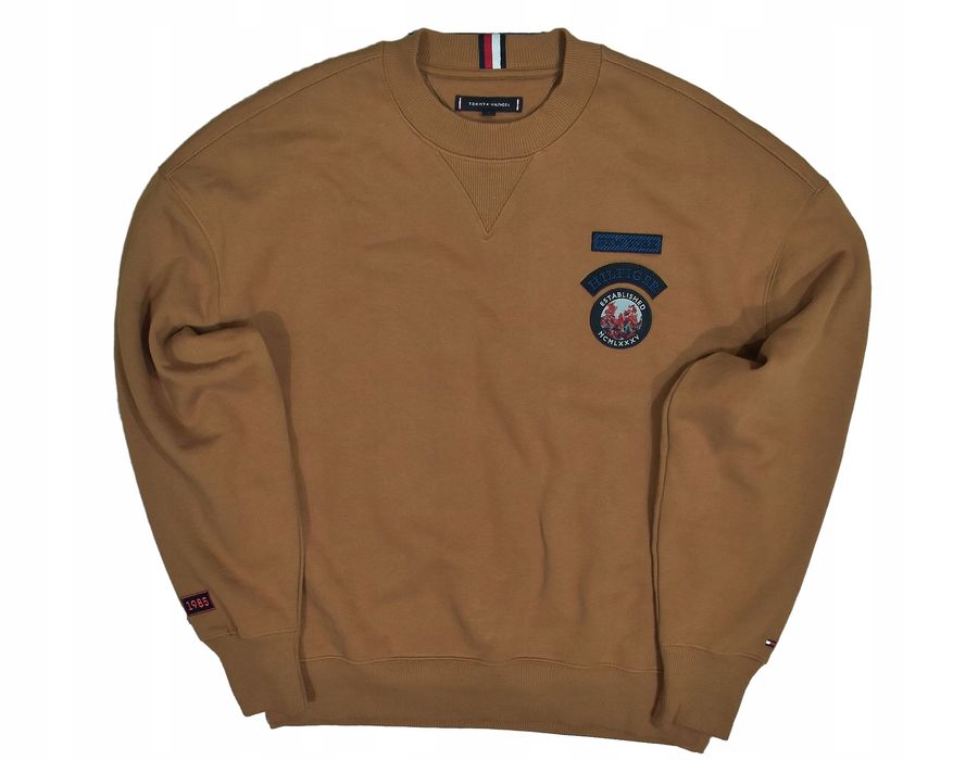 Tommy Hilfiger Brązowa Bluza Męska Z Naszywkami Crewneck Relaxed L