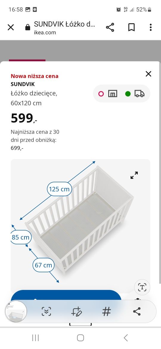 Łóżeczko Ikea białe Sundvik plus materac