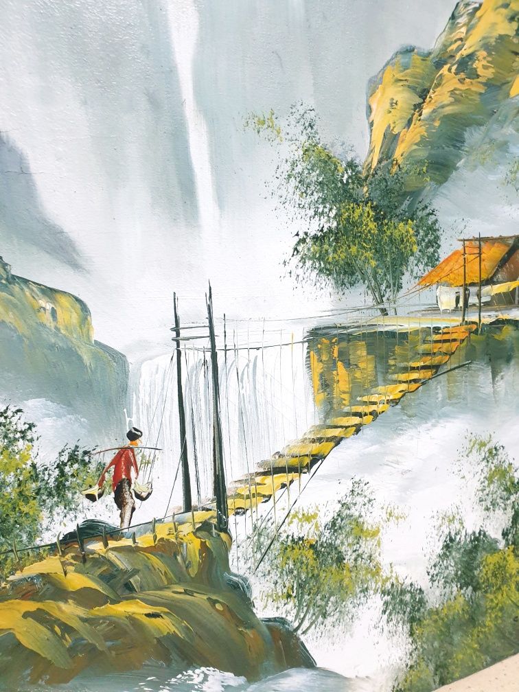 Antiga pintura chinesa - Paisagem - em óleo sobre tela - assinada
