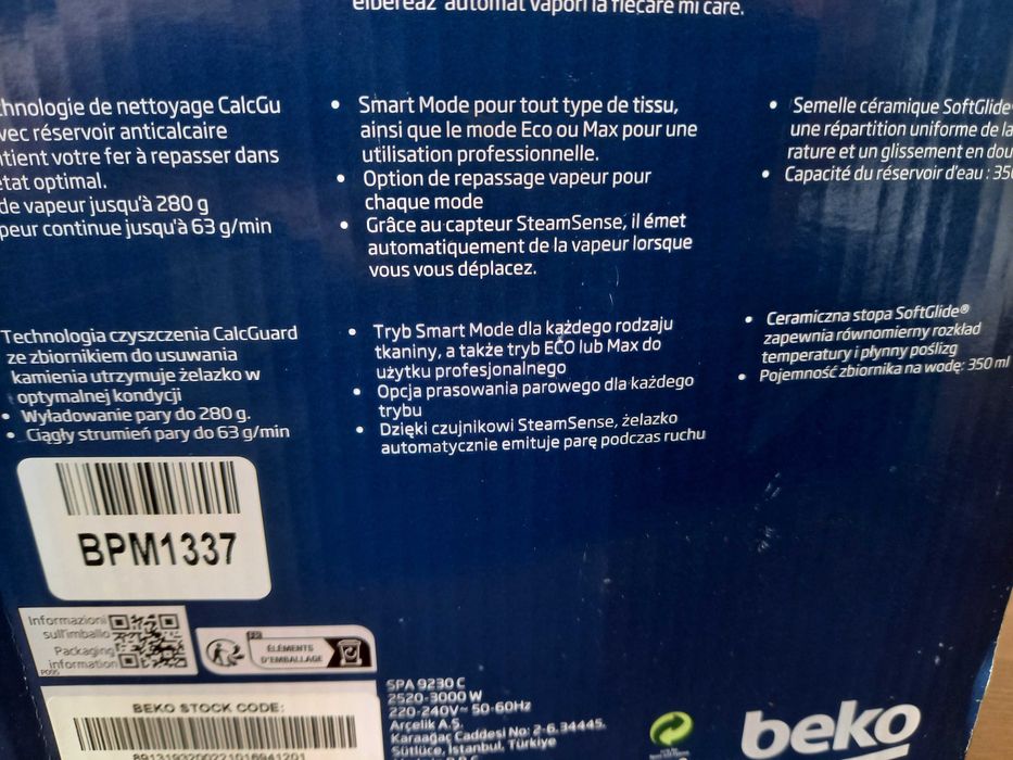 Żelazko BEKO SPA9230C nowe, 3000W 280G pary automatyczne wyłączenie