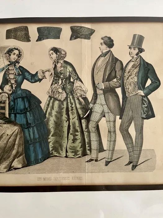 *Stara Piękna Moda Biedermeier XIX Francja Suknia Frak Obraz grafika