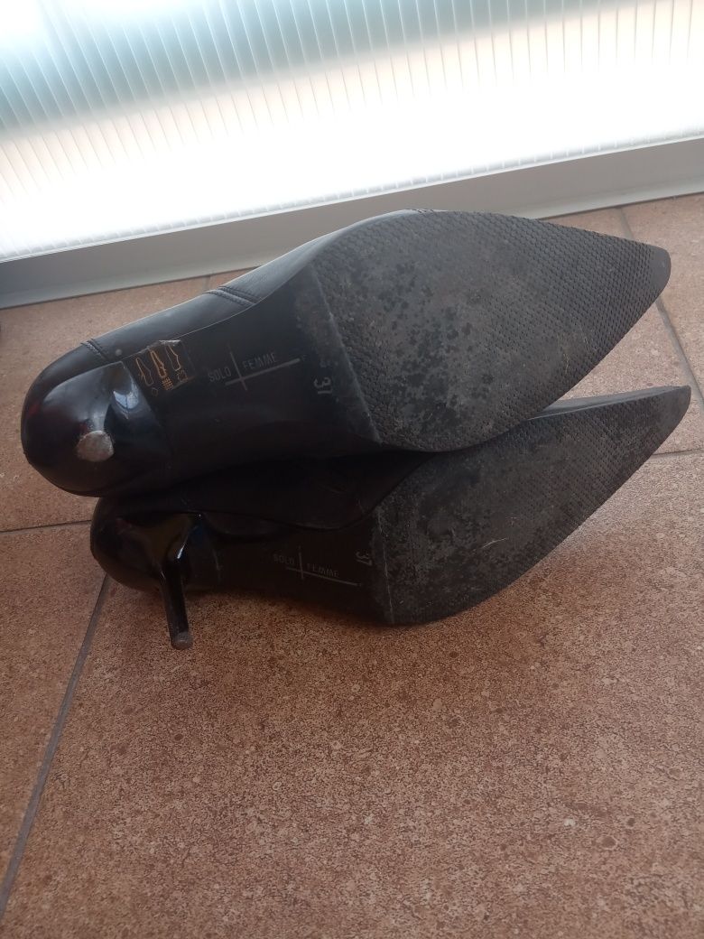 2x Botki Mary Claud 37 buty czarne na obcasie skóra
