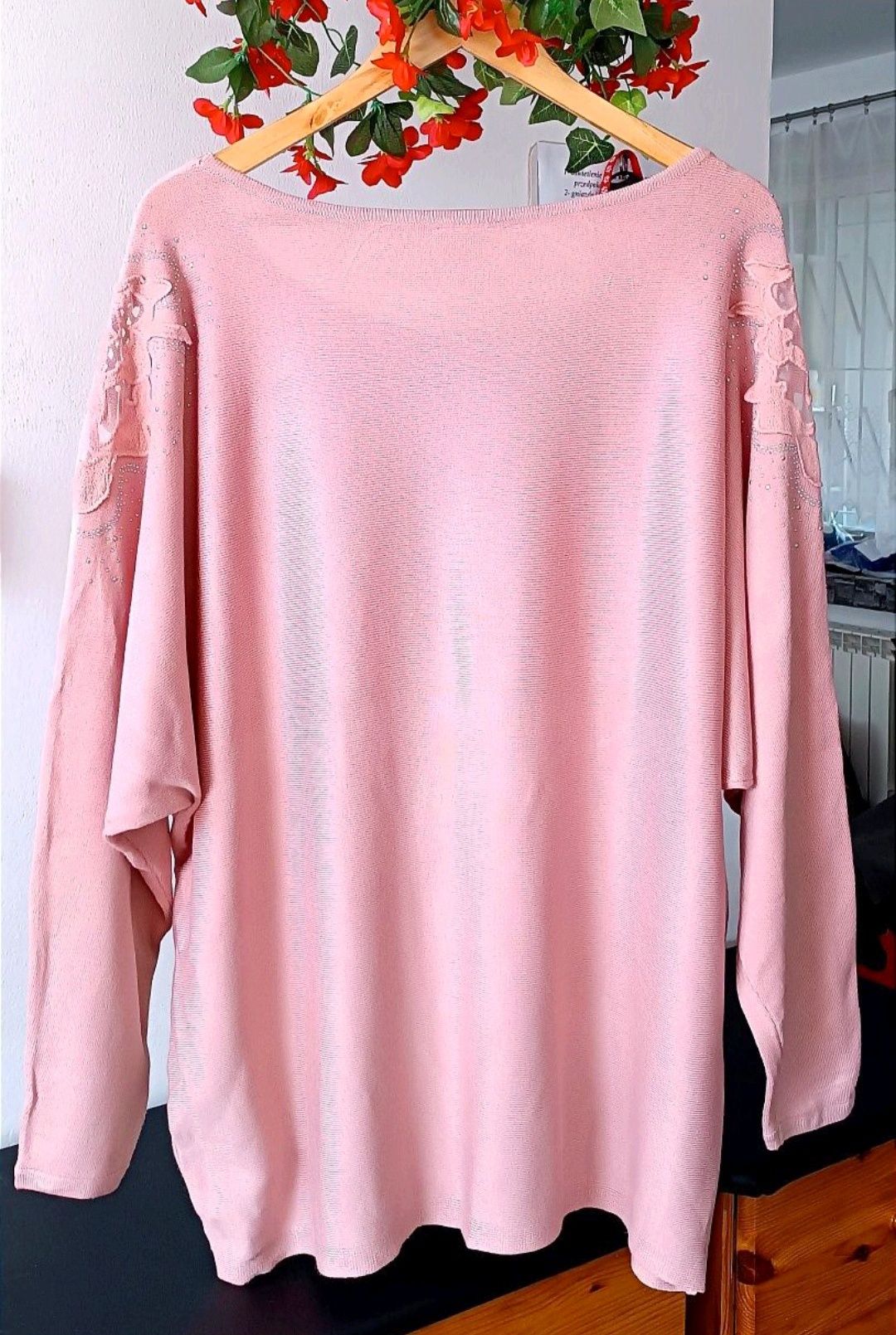 NOWY elegancki sweter r.48/50 koronka,haft,cyrkonie - delikatny róż
