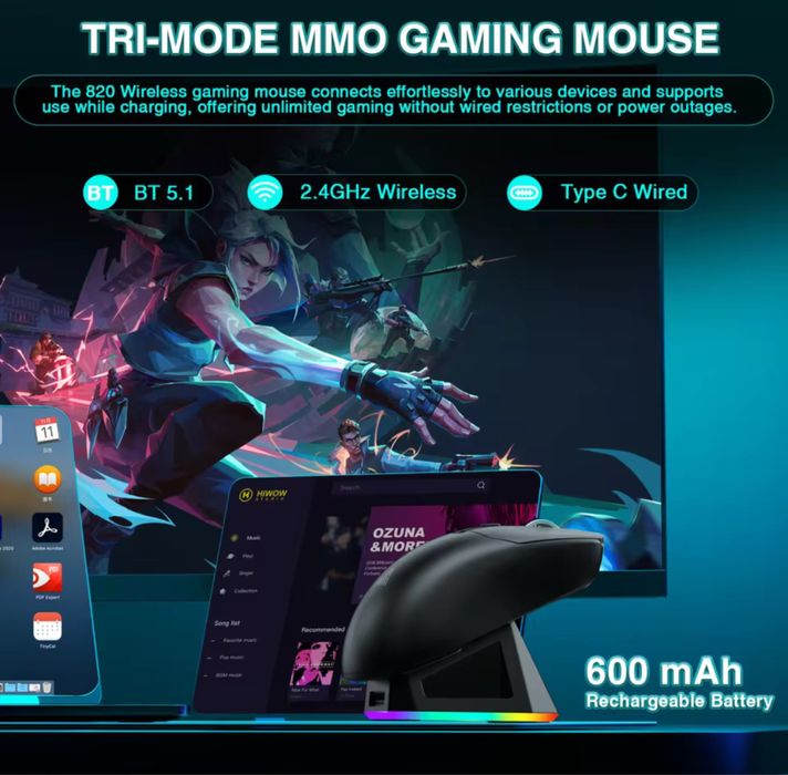 Бездротова ігрова миша SOLAKAKA SM820 Bluetooth 24000 DPI RGB PAW3311