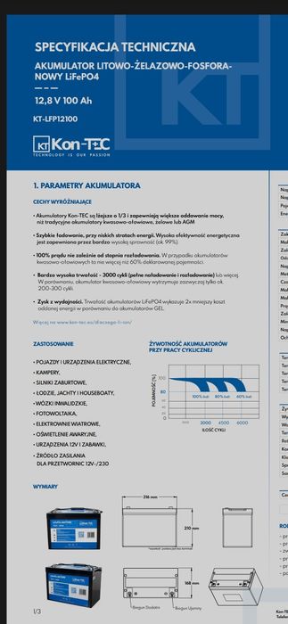 Bank energii Akumulator Lifepo4 polskiej produkcji Kon Tec 100Ah 12V z