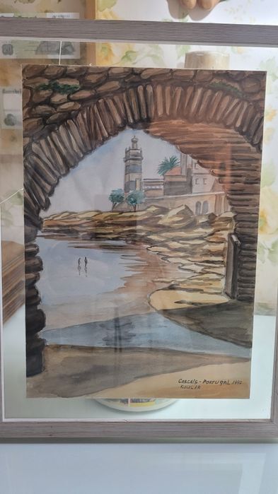 Quadro com aguarela do farol sta marta cascais