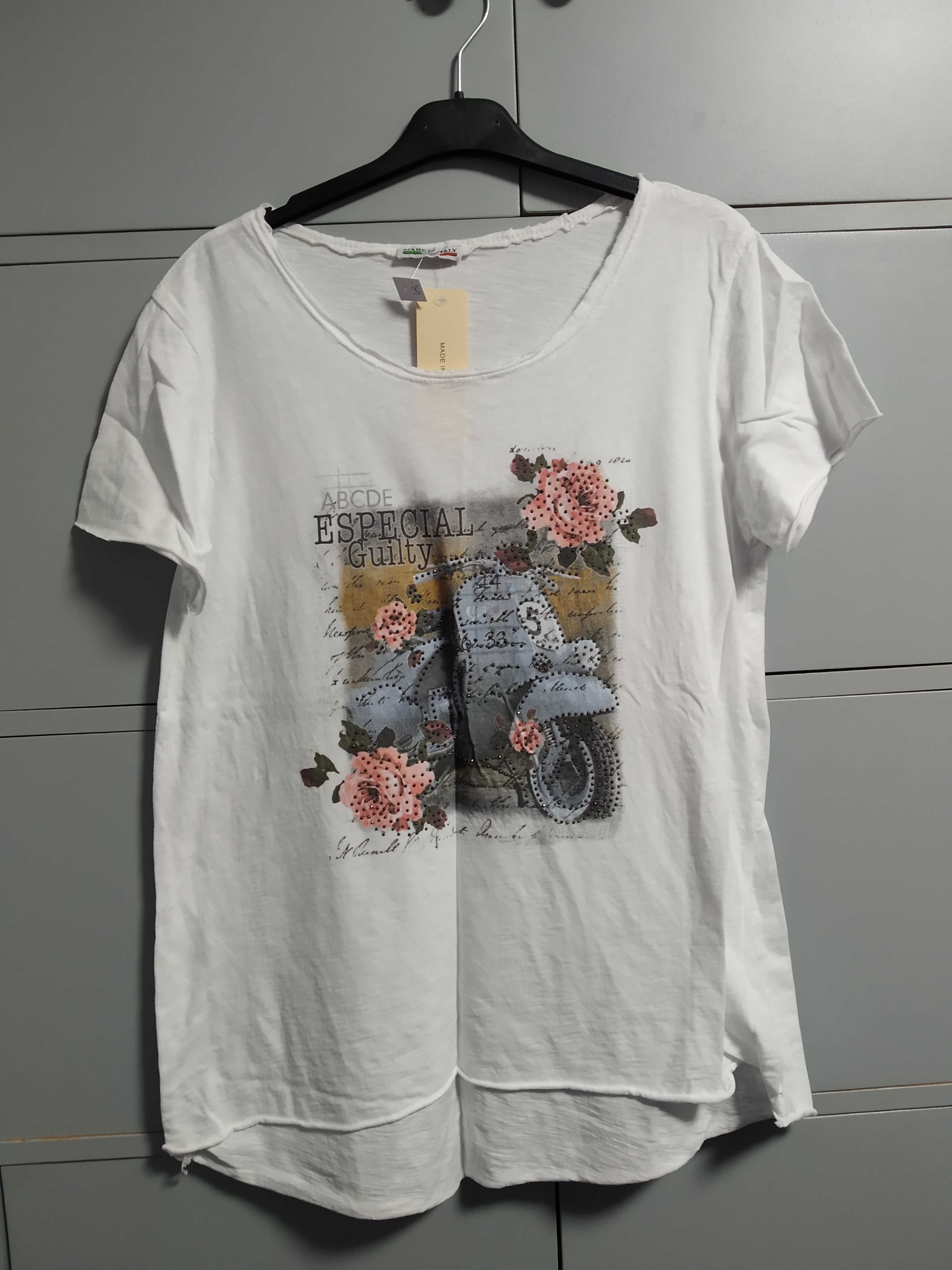Bluzka damska z krótkim rękawem, motor, kwiaty, biała