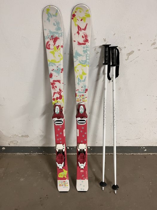 Narty zjazdowe dla dziewczynki 120cm + kije