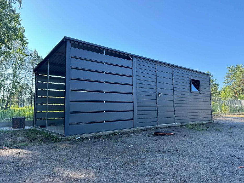 Garaż blaszany/schowek ogrodowy 6x2.5m + wiata/drewutnia, grafit