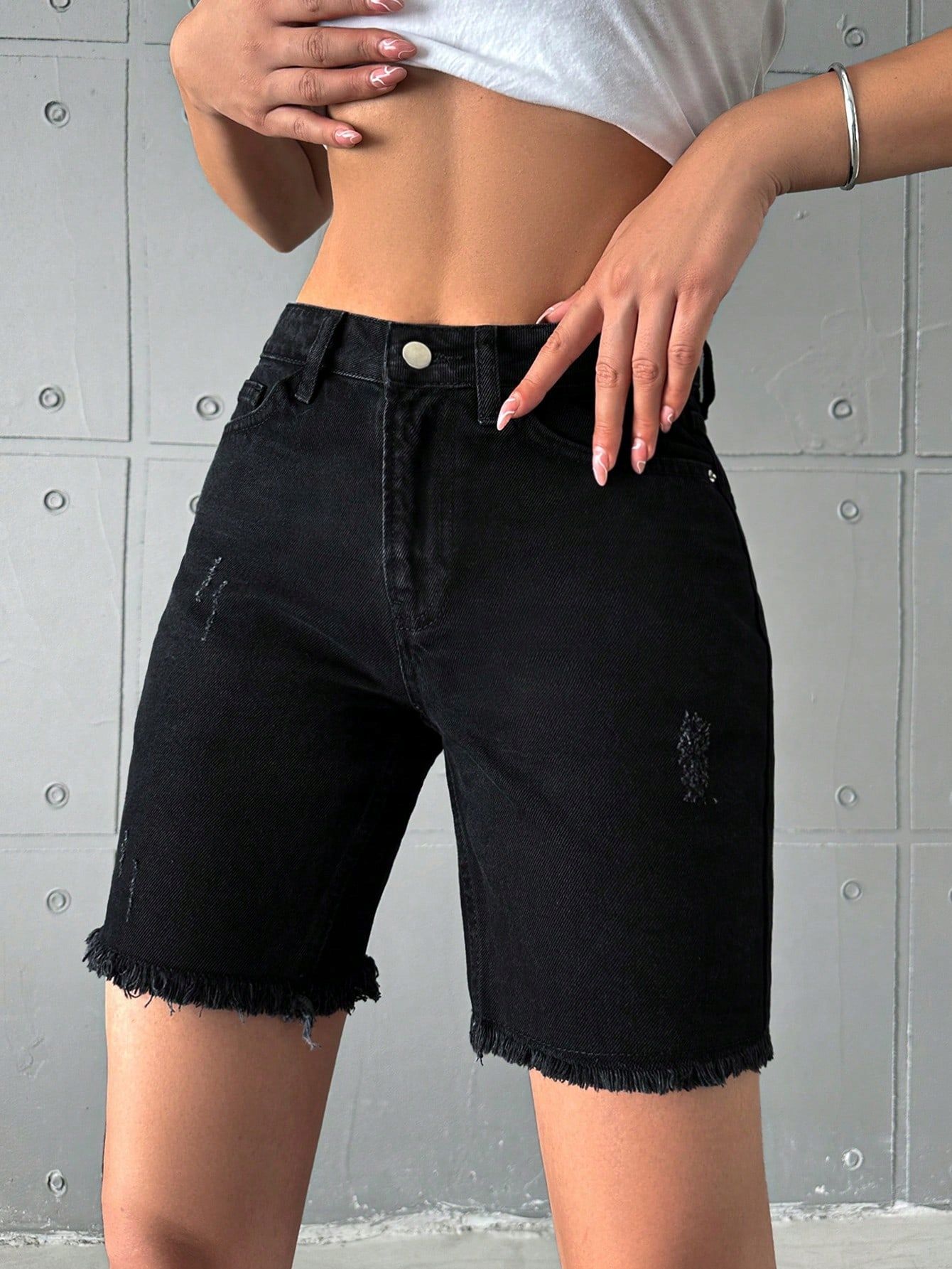 Spodenki Jeansowe Z Surowym Wykończeniem Wysoki Stan Czarne Shein L 40