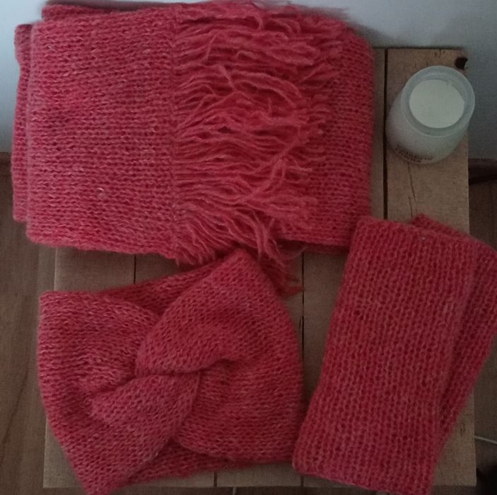 Komplet zimowo jesienny szalik , opaska , mitenki  wełna plus anilana