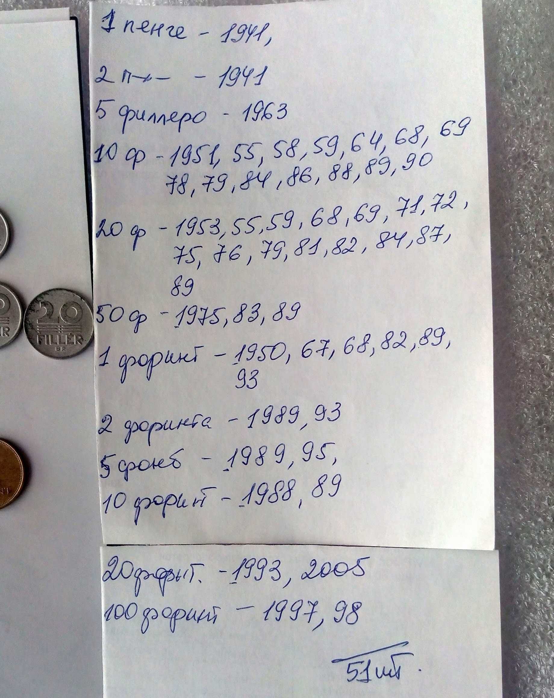 Монеты Венгрии-51 шт. Чехословакии-54 шт. разные