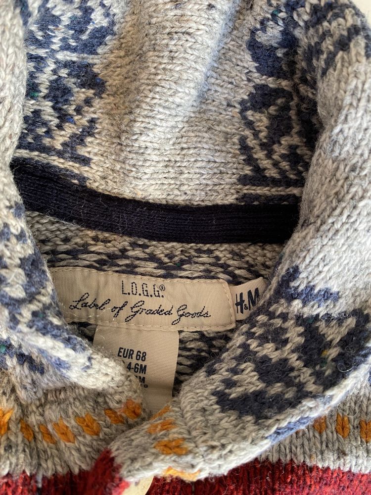 Gruby sweter H&M 68 LOGG 7% wełna szary dziergany kołnierz święta