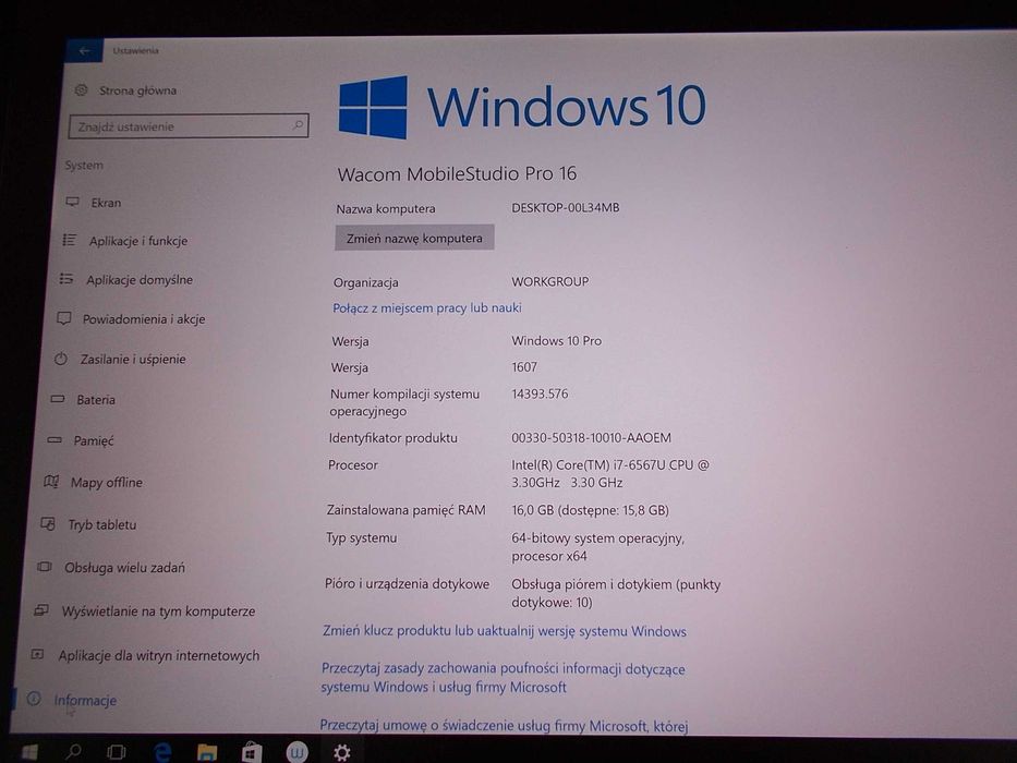 Wacom MobileStudio 16 4K ,DTH-W1620H i7-6567U 16GB 512 Dysk