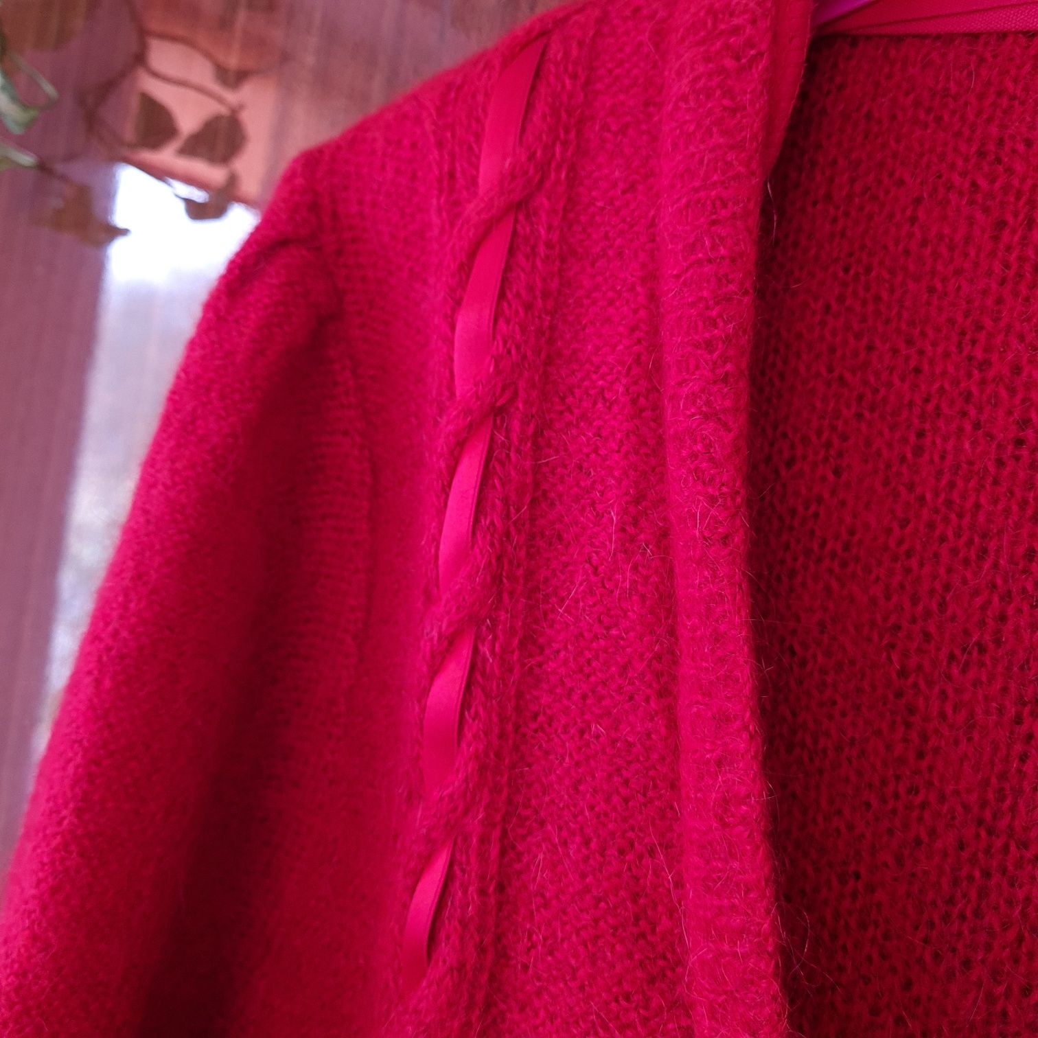 Czerwony moherowy kardigan handmade mohair wstążki bufki