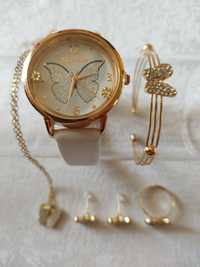 Motylkowy zestaw: zegarek,naszyjnik, bransoletka,kolczyki, pierścionek