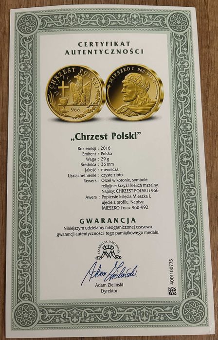 Pozłacana moneta "Chrzest Polski" 2016