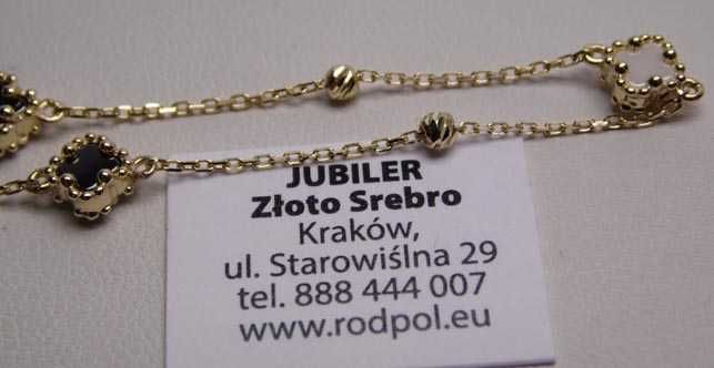 Złoty naszyjnik koniczynki i diamentowane kulki 42 - 45 cm.