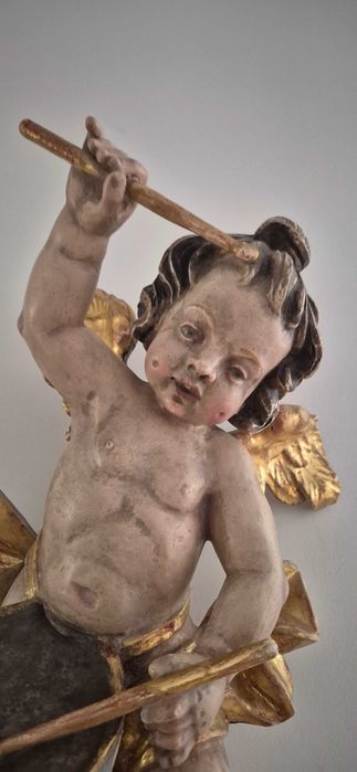 Antyk stara drewniana rzeźba aniołek putto cherubin barok unikat