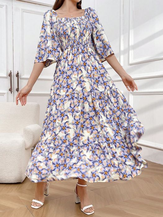 Sukienka Maxi Boho W Kwiaty Rozkloszowana Elastyczny Dekolt Shein L 40