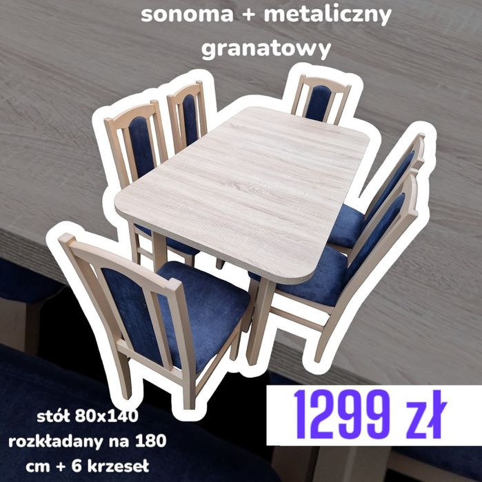 Nowe: Stół 80x140/180 + 6 krzeseł, sonoma + metaliczny granat ,TRANSPL