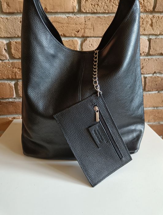 Torebka włoska skóra naturalna shopper hobo na ramię i do ręki czarna