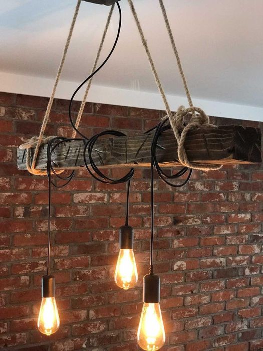 Lampa Rustykalna Loft Stara Drewniana belka Sznur Jutowy