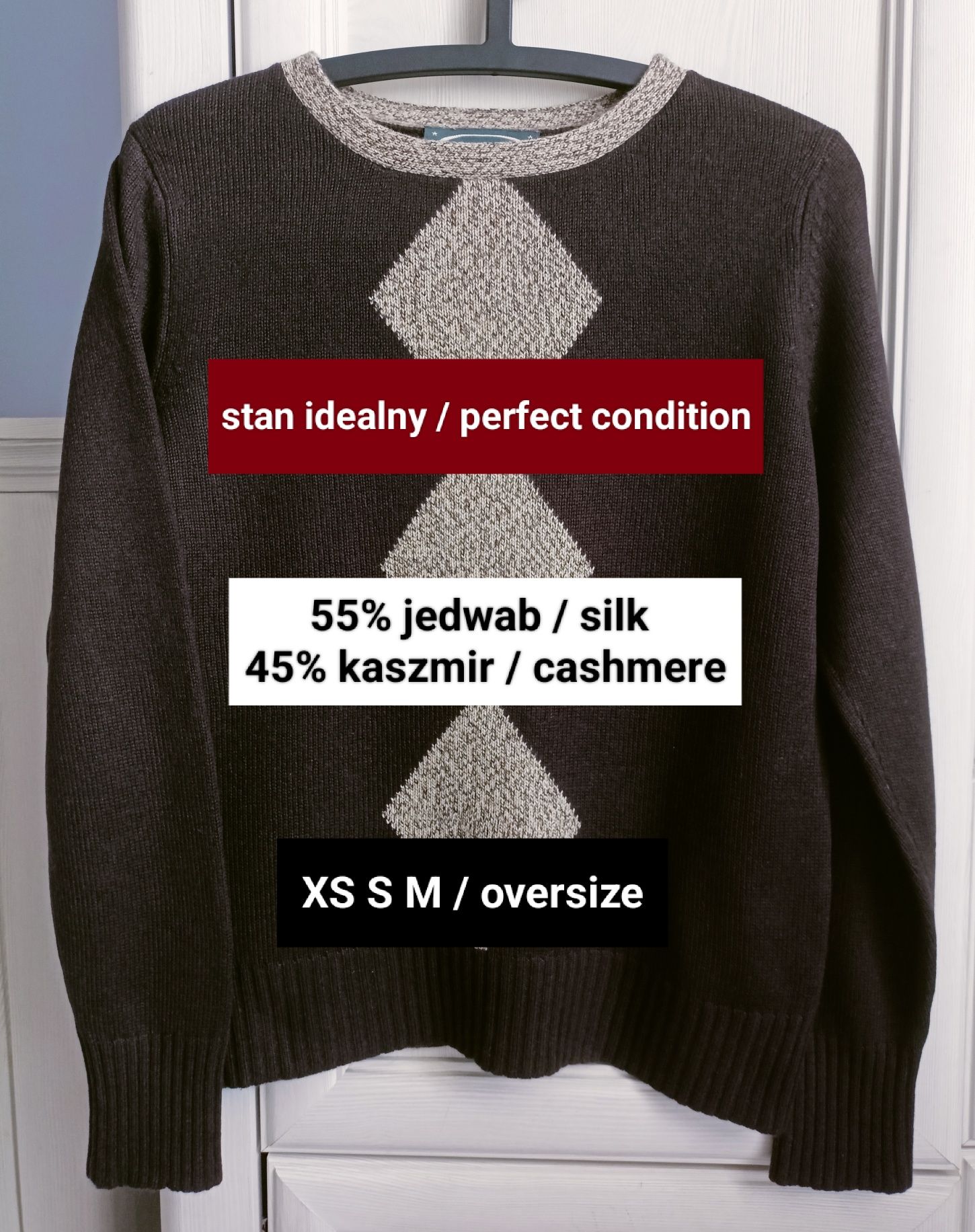 XS S M oversize sweter vintage 100% kaszmir jedwab jak nowy