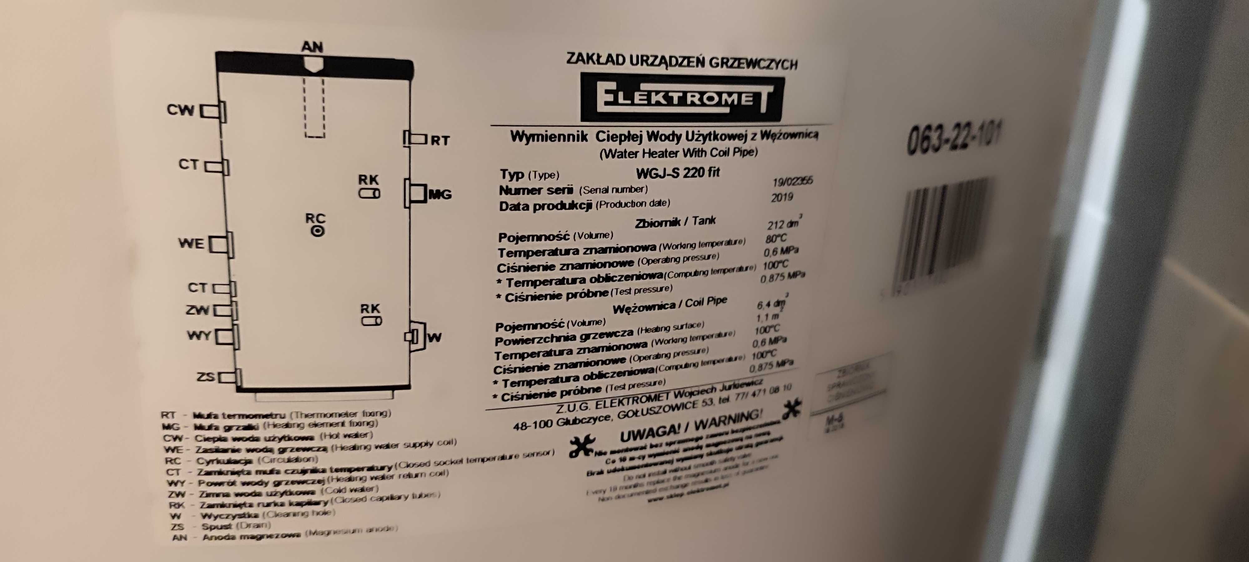 Wymiennik ciepłej wody użytkowej z wężownicą 220 l Elektromet +grzałka