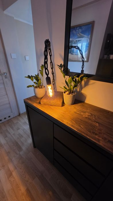 Lampa indystrialna z łańcucha, ręcznie robiona, drewno, smart