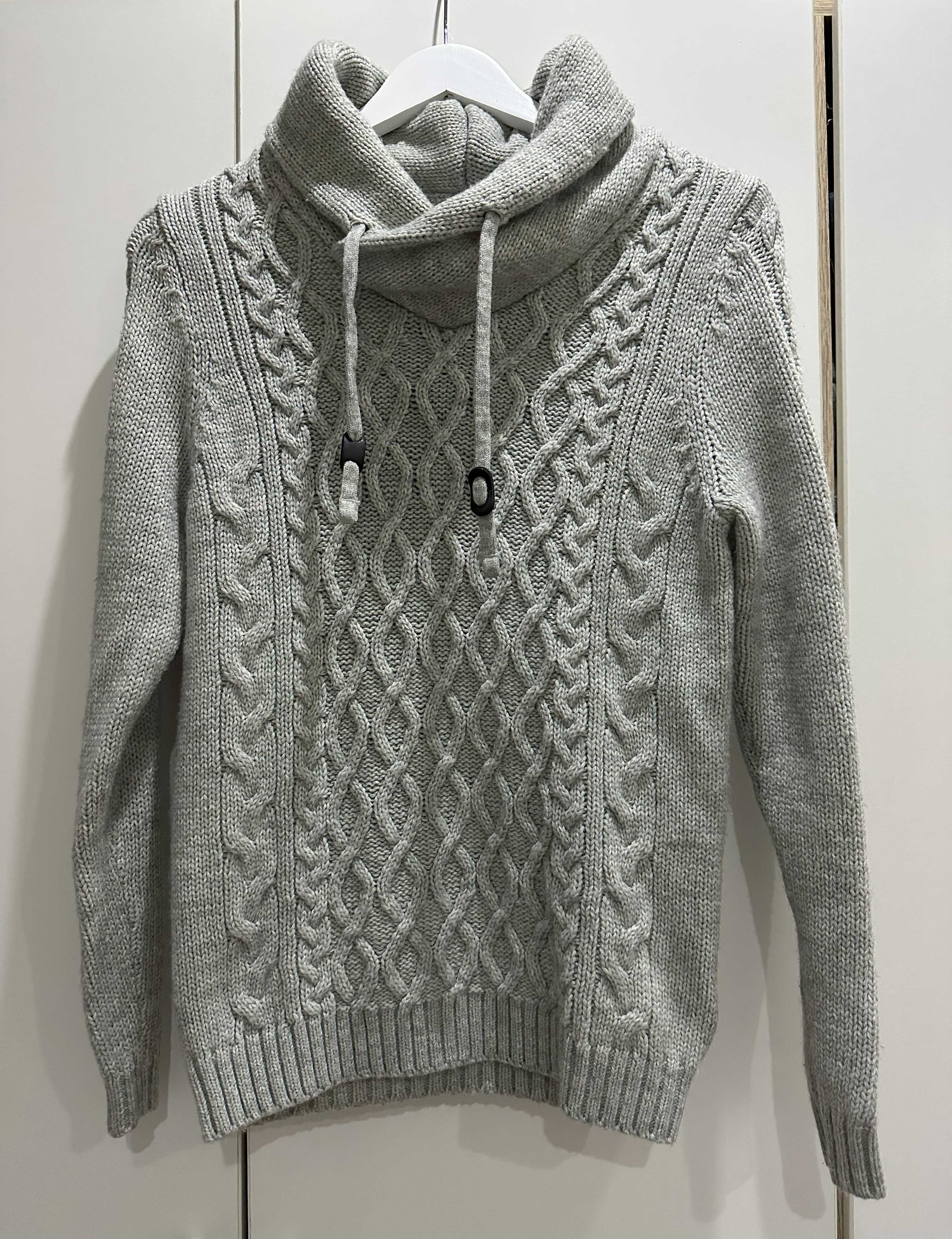 Sweter z kominem golfem H&M XS S splot warkocz szary