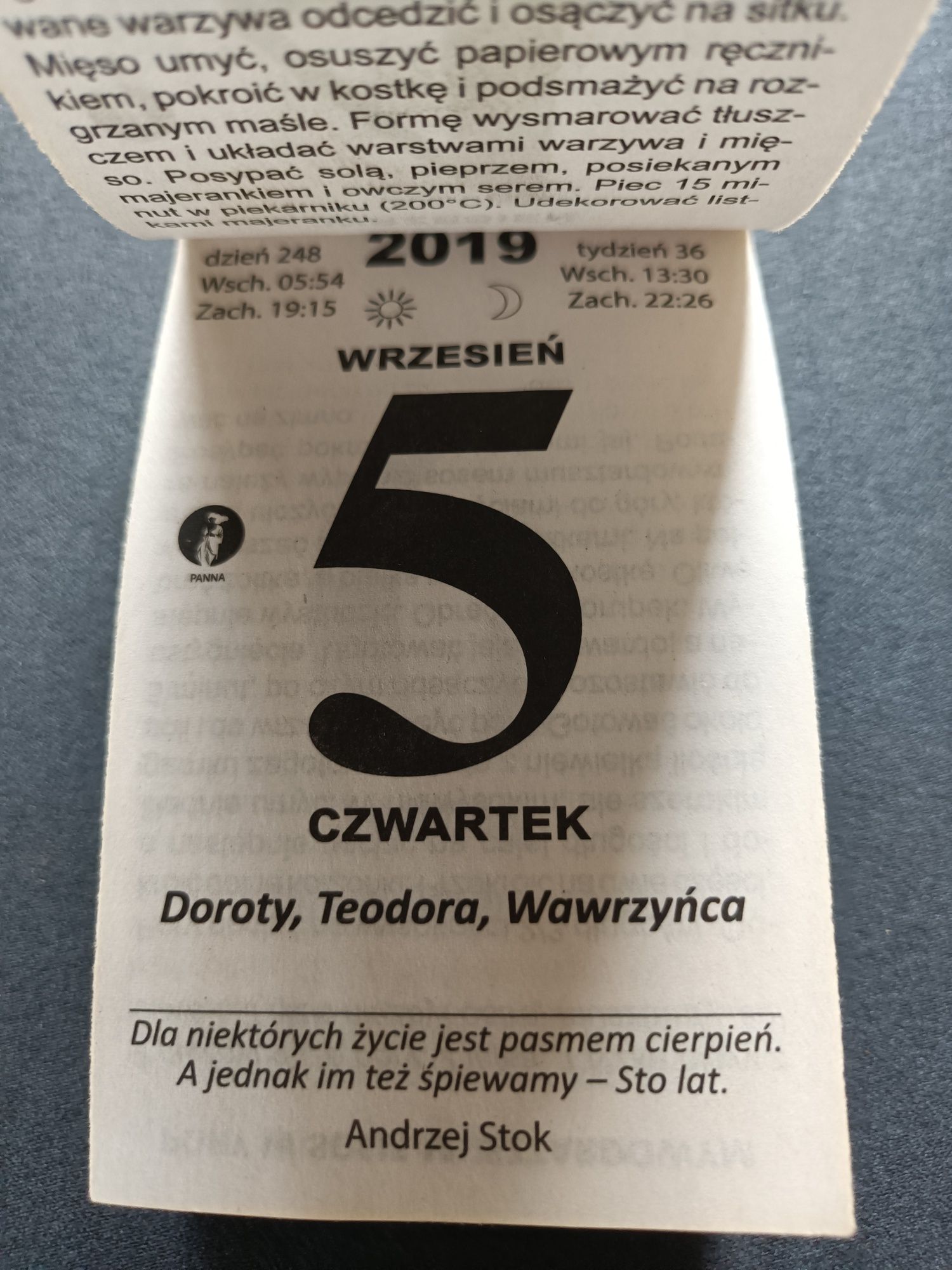 Kartka z kalendarza metryczka 2019 rok