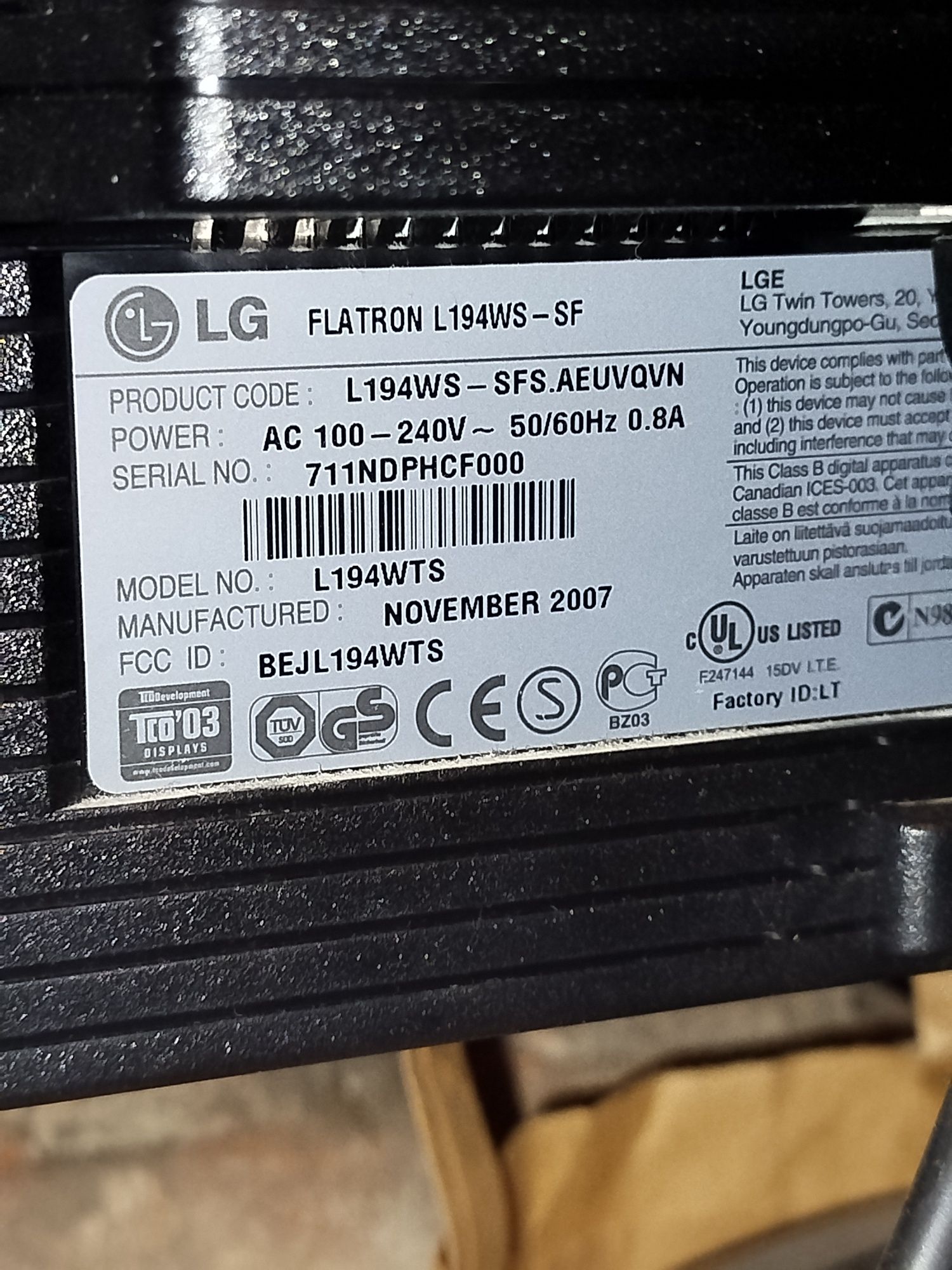 Monitor LG  FLATRON  L 194-WS