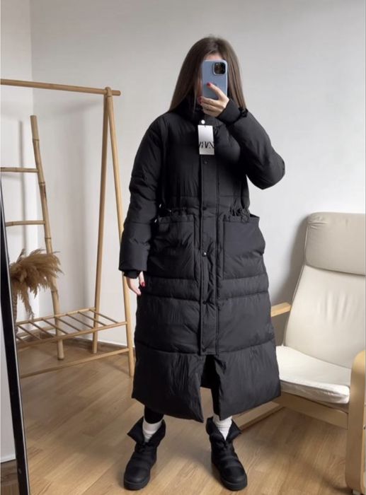 Жіночa довга куртка пуховик ZARA шапка hm