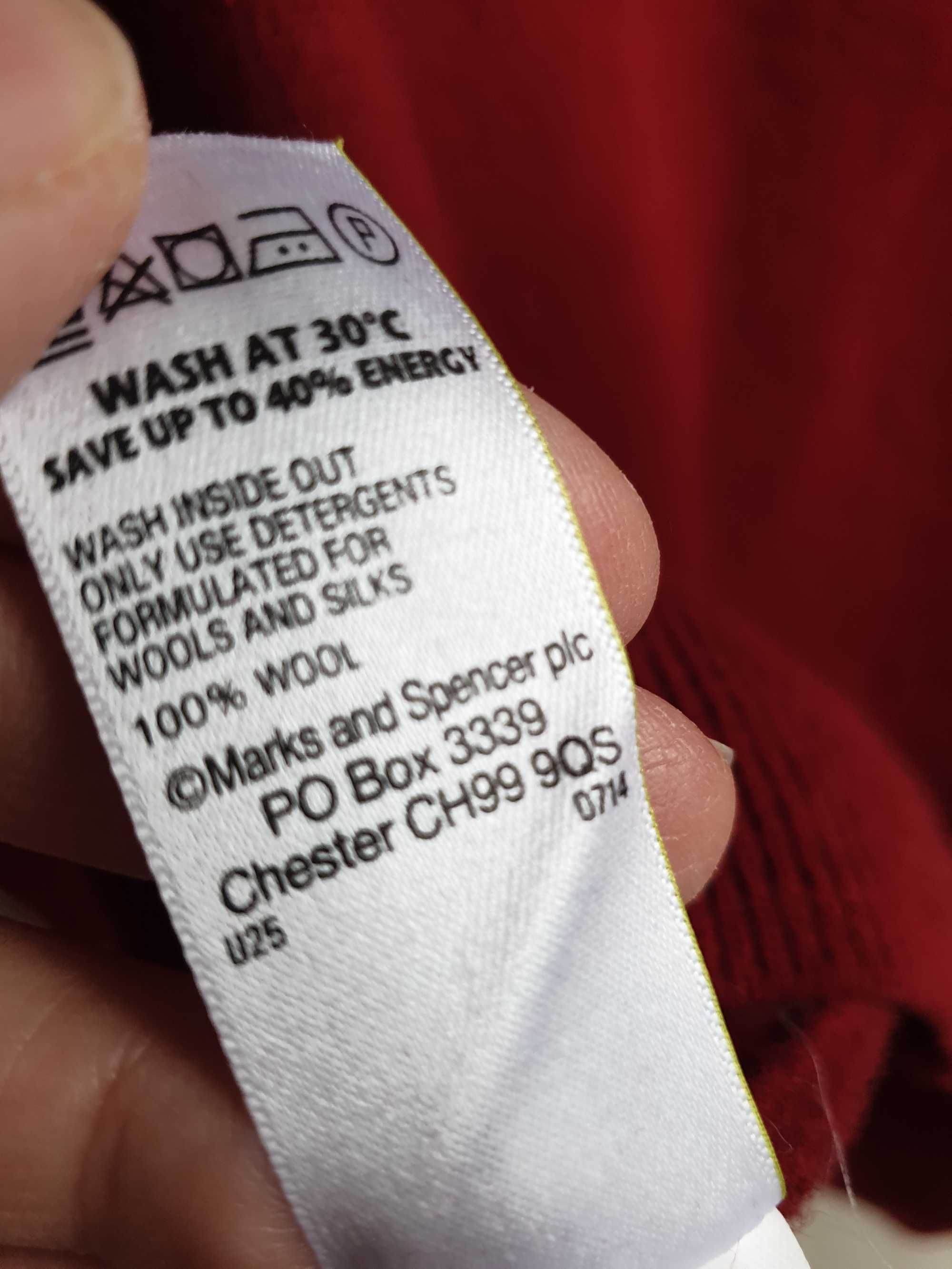 Wełniany czerwony sweter męski damski M 40 M&S 100% wełna jagnięca