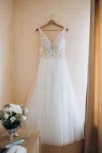 Suknia ślubna Alicja M 38 brokatowa tiulowa kryształki