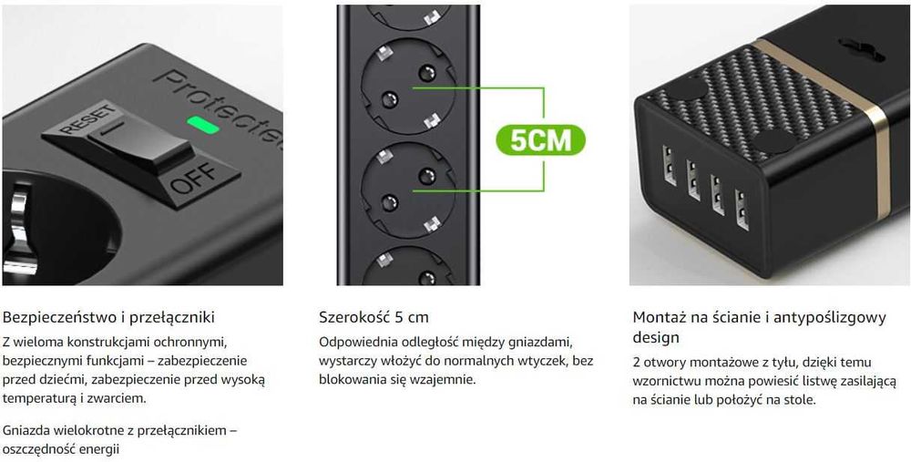 Listwa zasilająca 5 gniazd 3m 4USB ochrona przepięciowa 2400W/10A