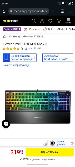 Klawiatura gamingowa steelseries Apex 3 gwarancja