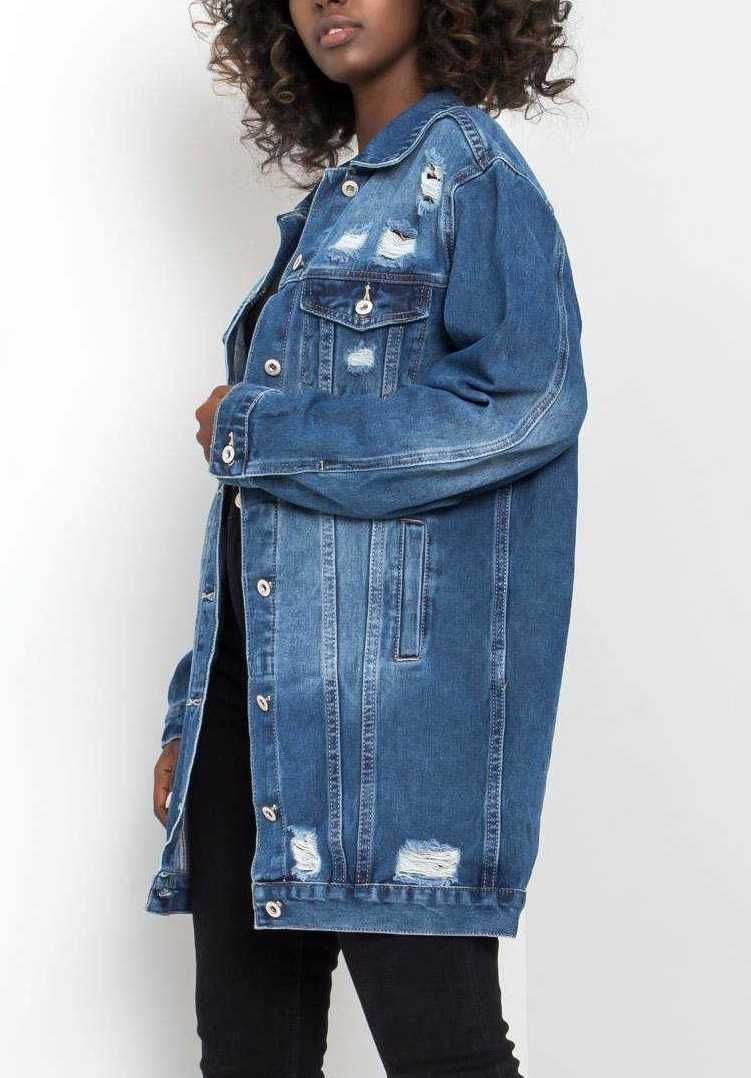 Stylowa długa kurtka jeansowa SHAVIT dziury przetarcia r. S/M